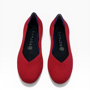 Rothy's Retired Bright Red Knit Round Toe Ballet  Flats with Blue Trim EPOC